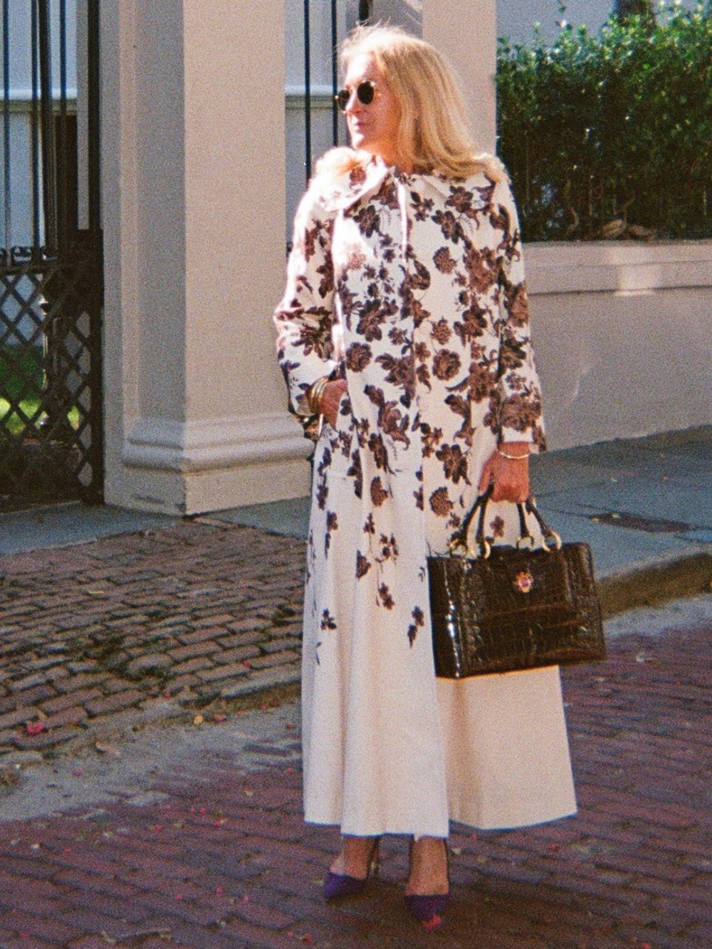 Floral Cream Trench Coat with Fur Collar